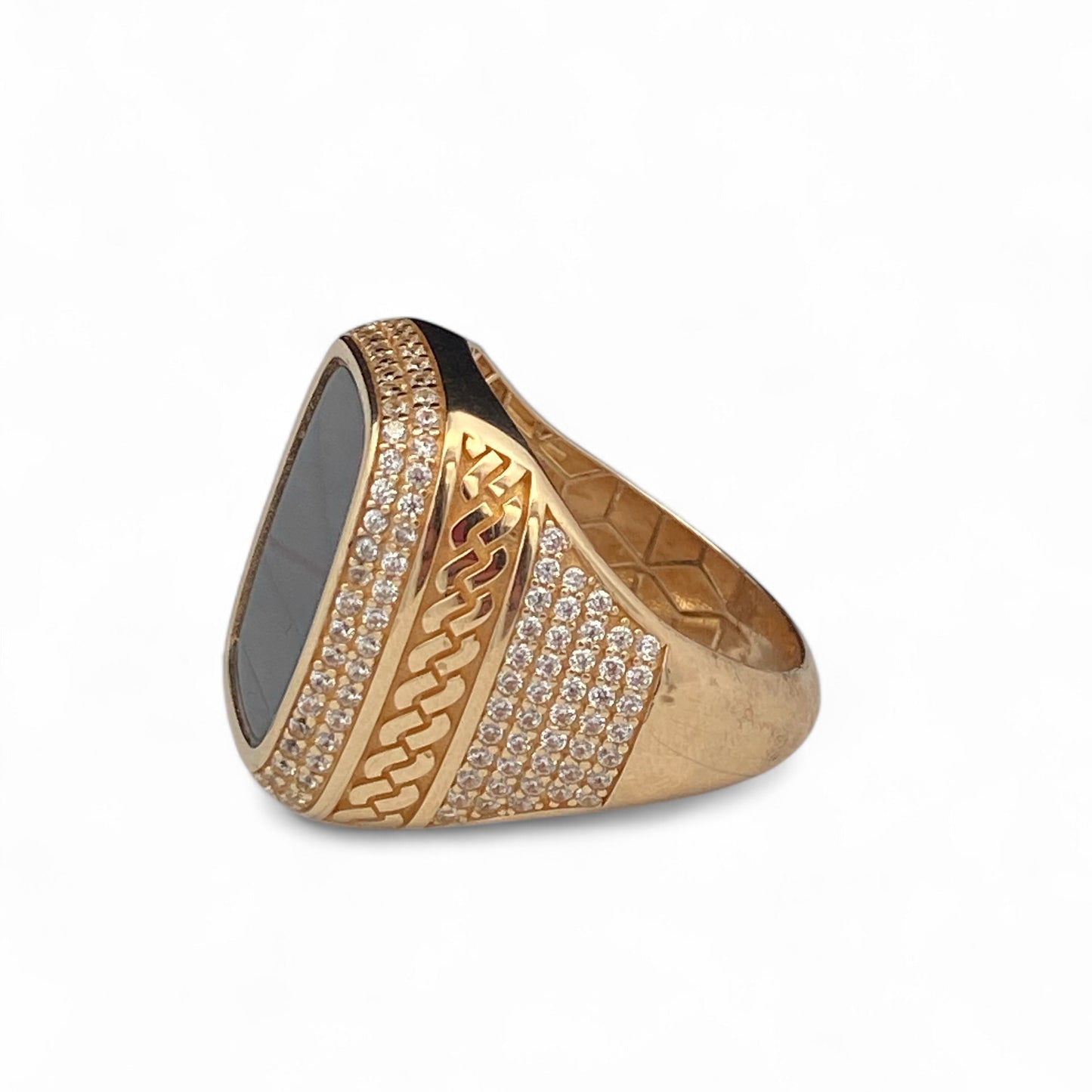 14K Yellow Gold Mens Ring with Black Stone