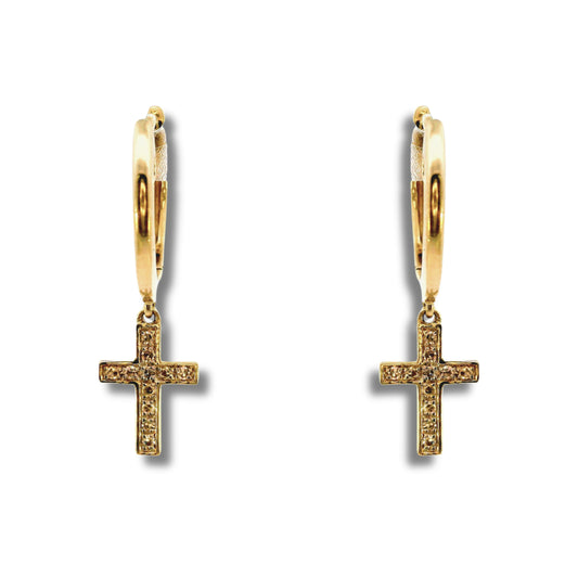 Boucles d'oreilles créoles en or jaune 10 carats et diamants avec breloque en forme de croix
