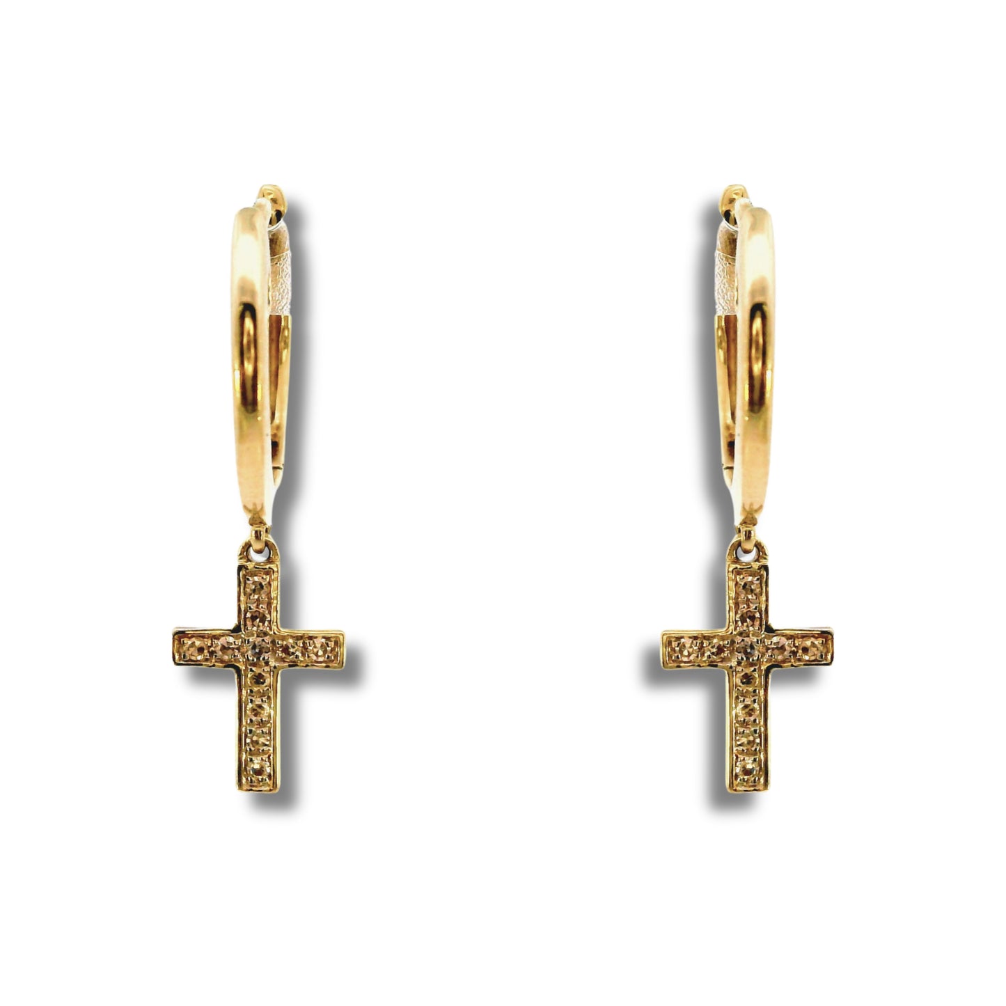 Boucles d'oreilles créoles en or jaune 10 carats et diamants avec breloque en forme de croix