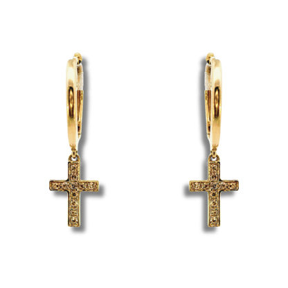 Boucles d'oreilles créoles en or jaune 10 carats et diamants avec breloque en forme de croix