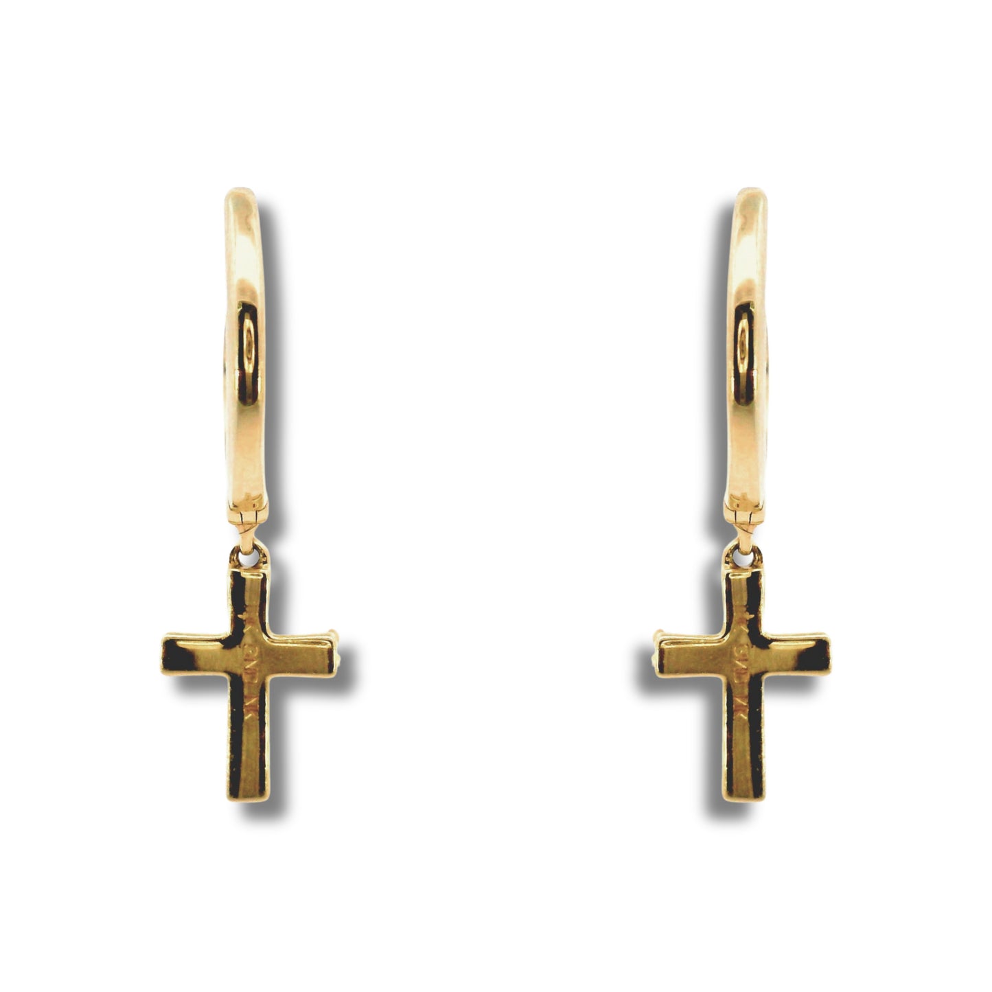 Boucles d'oreilles créoles en or jaune 10 carats et diamants avec breloque en forme de croix