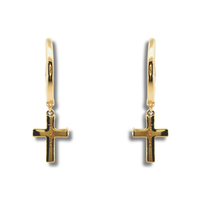Boucles d'oreilles créoles en or jaune 10 carats et diamants avec breloque en forme de croix