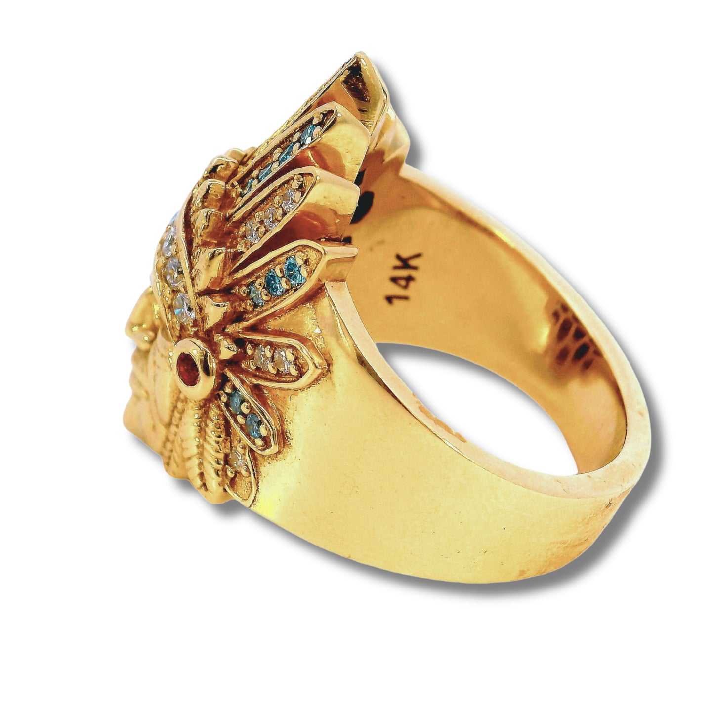 Anillo indio de oro amarillo de 14 quilates y diamantes