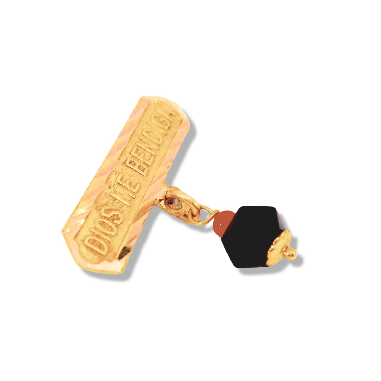 Broche recto Azabache "Dios Me Bendiga" de oro amarillo de 14 quilates