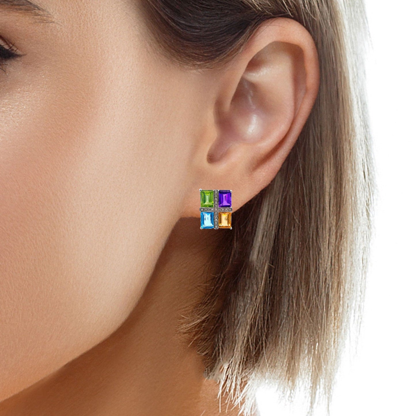 Boucles d'oreilles en or blanc 14 carats avec pierres précieuses et diamants