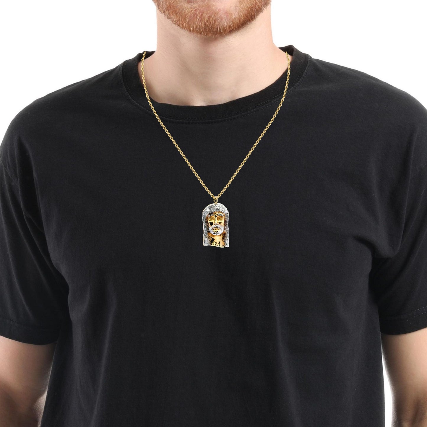 Pendentif tête de Jésus en or jaune et blanc 14 carats