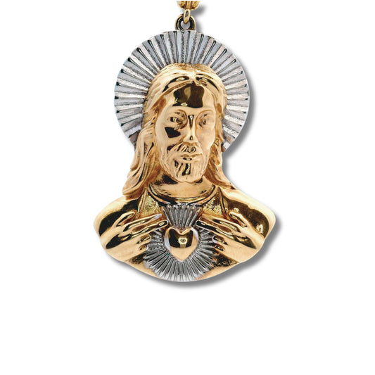 Pendentif buste de Jésus en or jaune et blanc 14 carats