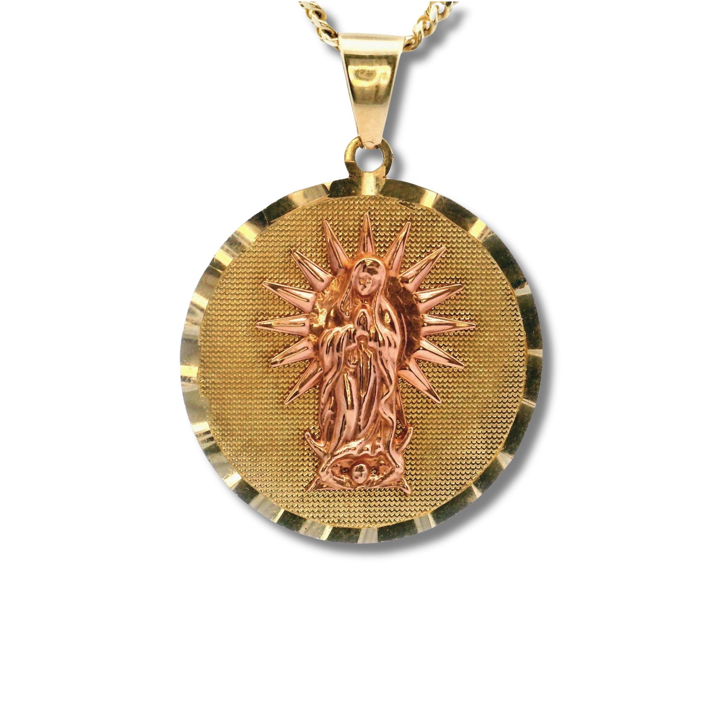 Colgante "Nuestra Señora de Guadalupe" de oro amarillo y rosa de 14 quilates