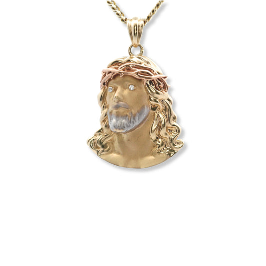 Pendentif en or jaune 14 carats en forme de buste de Jésus tricolore