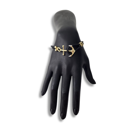 14K Yellow Gold Adjustable Black String Anchor Bracelet