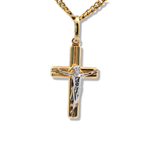 Dije de cruz crucifijo de dos tonos en oro amarillo de 14 quilates