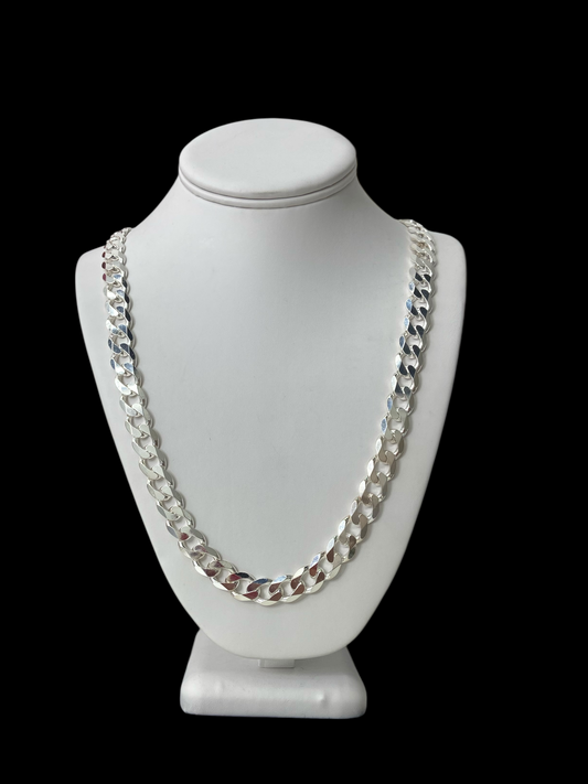 28" 11mm Sterling Silver chain curb chain necklace on a white mannequin bust against a black background