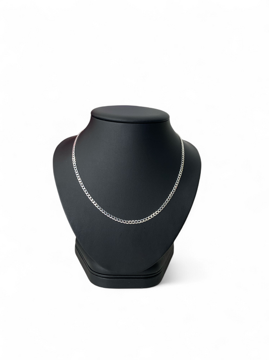 18" 3mm sterling silver curb chain necklace on a black mannequin bust against a white background