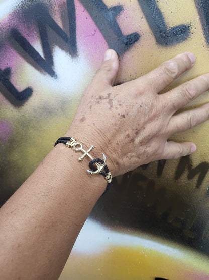 14K Yellow Gold Adjustable Black String Anchor Bracelet